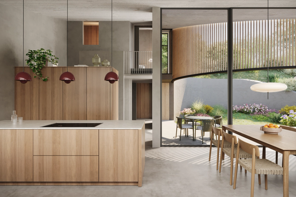 Detached single-family home with an open kitchen and large glazed surfaces that connect the interior spaces with the outdoor garden. This single-family home combines natural wood, natural light and contemporary architecture designed to enhance spaciousness and connection with the surroundings.