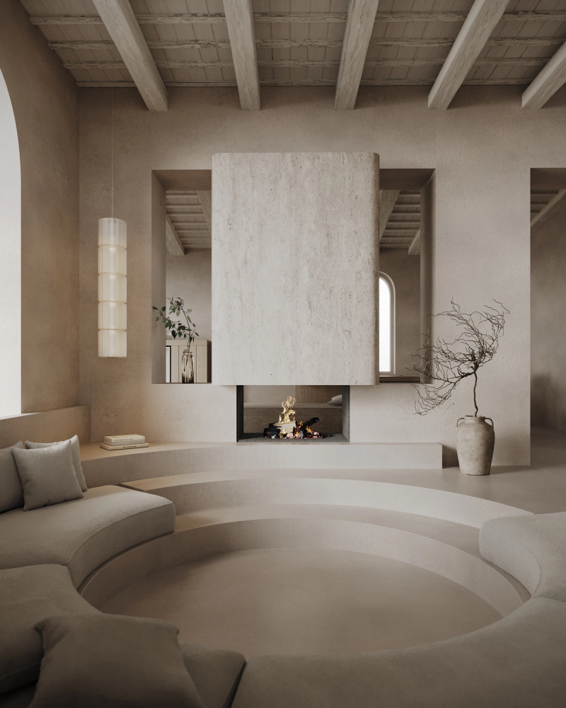 Warm and minimalist interiors. Fireplace.
