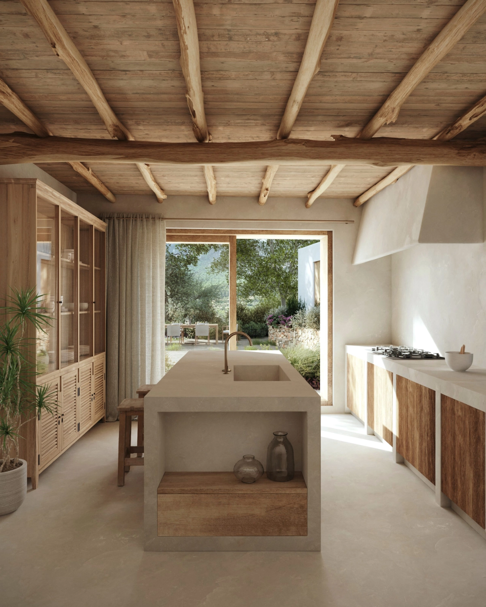 The renovation of this farmhouse in Ibiza restores the essence of traditional architecture through natural materials, warm textures and spaces open to the landscape. Wooden beams, natural light and the connection with the outdoors bring authenticity and serenity to the interiors. The project combines Mediterranean tradition and contemporary comfort within a welcoming and timeless atmosphere.