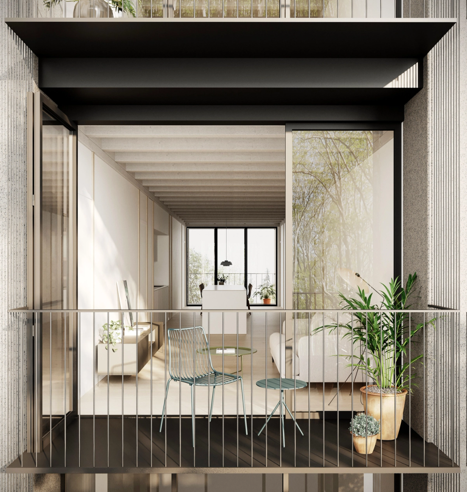 This multi-family residential building designs private outdoor spaces as a natural extension of the homes, providing light, ventilation and a connection with the urban environment. Terraces and large openings reinforce the sense of spaciousness and interior-exterior continuity. The project combines functionality and spatial quality through a contemporary, warm and luminous architecture.