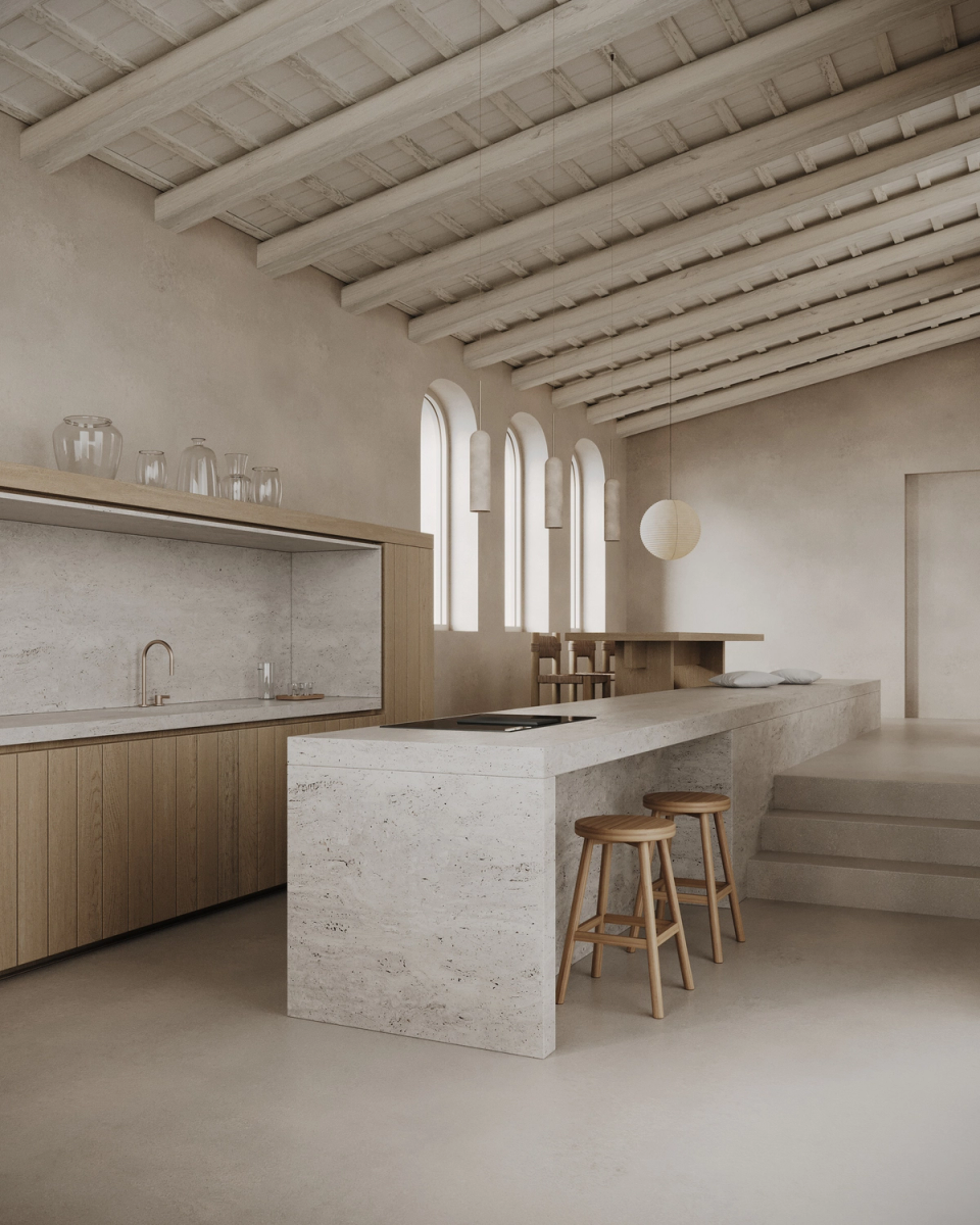 A single-family home that combines tradition and contemporaneity through a serene architecture defined by light, proportions, and the purity of materials. Sloped ceilings with exposed beams, vertical openings, and mineral finishes create warm and timeless spaces designed for living calmly and in connection with the Mediterranean surroundings.