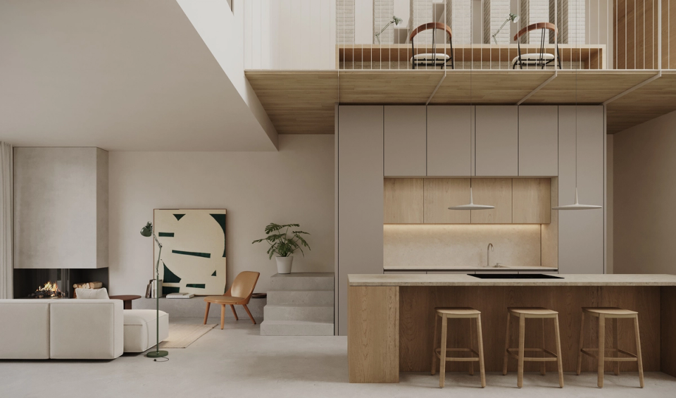Houses in Bescanó with open double-height interiors that connect the kitchen, living room, and common spaces into a single bright environment. These houses in Bescanó combine natural wood, minimalist lines, and large openings to create contemporary and comfortable architecture.