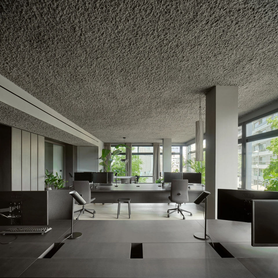 Reform of studio with an open layout and spacious work areas designed to enhance comfort and focus. This studio renovation combines dark finishes, natural light and indoor vegetation to create a contemporary, functional and elegant space.
