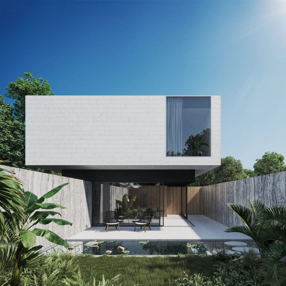 This detached single-family home embraces a minimalist and bold architecture, defined by pure geometric volumes, large openings, and a sober yet elegant material palette. The project creates an intimate and protected space within the urban environment, while the relationship between the interior, courtyard, and water feature generates a serene, contemporary atmosphere fully connected to natural light.