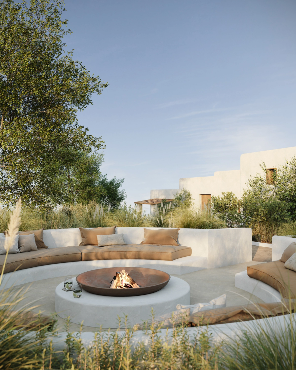 The renovation of this farmhouse in Ibiza transforms outdoor spaces into places for gathering and relaxation integrated with the Mediterranean landscape. Natural vegetation, mineral materials and organic forms create a warm and relaxed atmosphere. The project seeks to promote a way of living connected to nature, light and outdoor life.