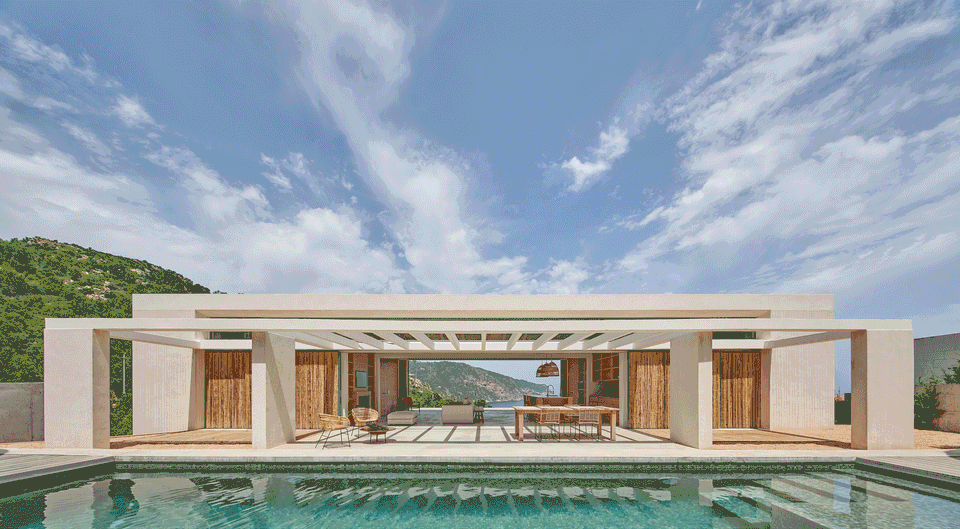 This single-family home stands out for its contemporary architecture with horizontal lines and open spaces that enhance the direct relationship with the natural surroundings. The project integrates interior and exterior spaces through large openings and porches that create shaded and comfortable areas around the pool. Finishes in light tones and the presence of natural materials provide warmth and elegance to a minimalist and balanced proposal. The open layout and visual connection with the landscape turn this single-family home into a bright, functional space designed to enjoy Mediterranean living.