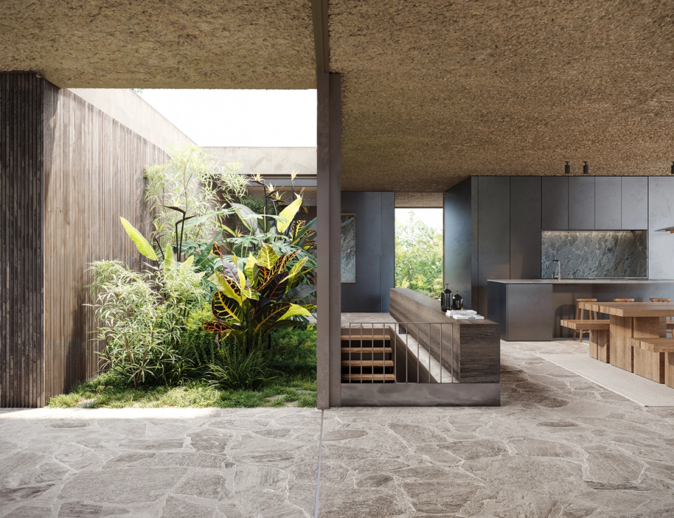 House in Platja d’Aro with a landscaped inner courtyard that brings natural light, vegetation and visual connection to the interior spaces. This house in Platja d’Aro combines contemporary architecture, noble materials and open spaces to create a calm atmosphere integrated with the surroundings.