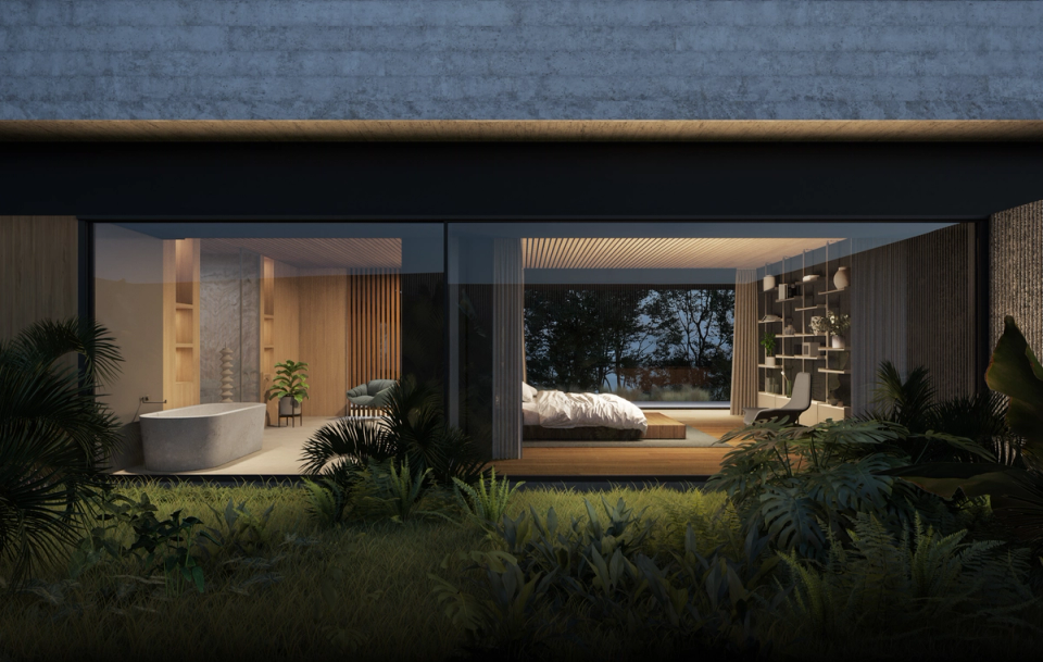 This detached single-family home combines contemporary architecture, privacy, and a connection with nature through interior spaces open to the landscape. Large glazed surfaces, warm lighting, and the use of natural materials such as wood create a sophisticated and relaxing atmosphere, where the bedroom and bathroom connect directly with the garden to enhance comfort and a sense of well-being.