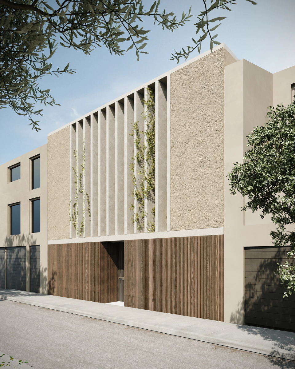 Houses in Bescanó with a contemporary façade of vertical lines that brings rhythm, privacy, and natural light into the interior spaces. These houses in Bescanó combine mineral textures, natural wood, and integrated vegetation to create elegant and balanced architecture.
