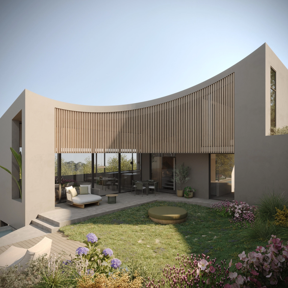 Detached single-family home with a curved façade and wooden screens that create a balanced relationship between privacy, natural light and outdoor spaces. This single-family home combines contemporary architecture, garden and large openings to generate a warm atmosphere connected to the surroundings.