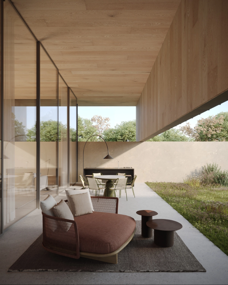 This single-family home blurs the boundaries between interior and exterior through large open spaces, natural materials, and an architecture designed for calm living. The presence of wood brings warmth and continuity to the covered outdoor spaces. The project creates a fluid relationship with the garden, enhancing natural light and the connection with the landscape.