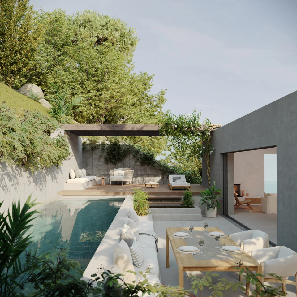 New construction house in Begur.  Modern house with a Mediterranean design. The patio, garden and pool have a design that is integrated with the walk. Isolated single-family house built in Begur.