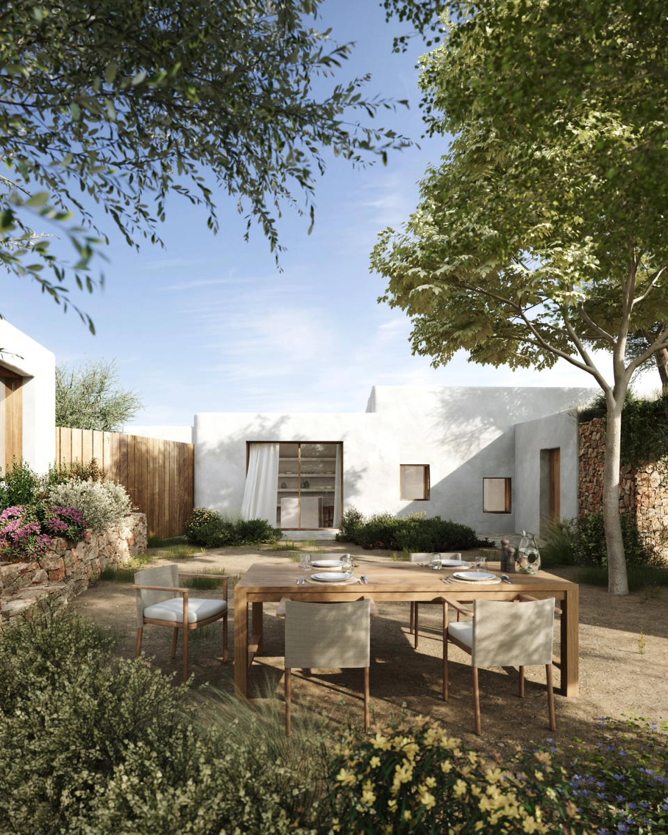 The renovation of this farmhouse in Ibiza creates intimate outdoor spaces open to nature, where traditional Mediterranean architecture is combined with a contemporary vision. Stone walls, vegetation and white volumes reinforce the integration with the surroundings. The project enhances a slow way of living connected to light, landscape and outdoor life.