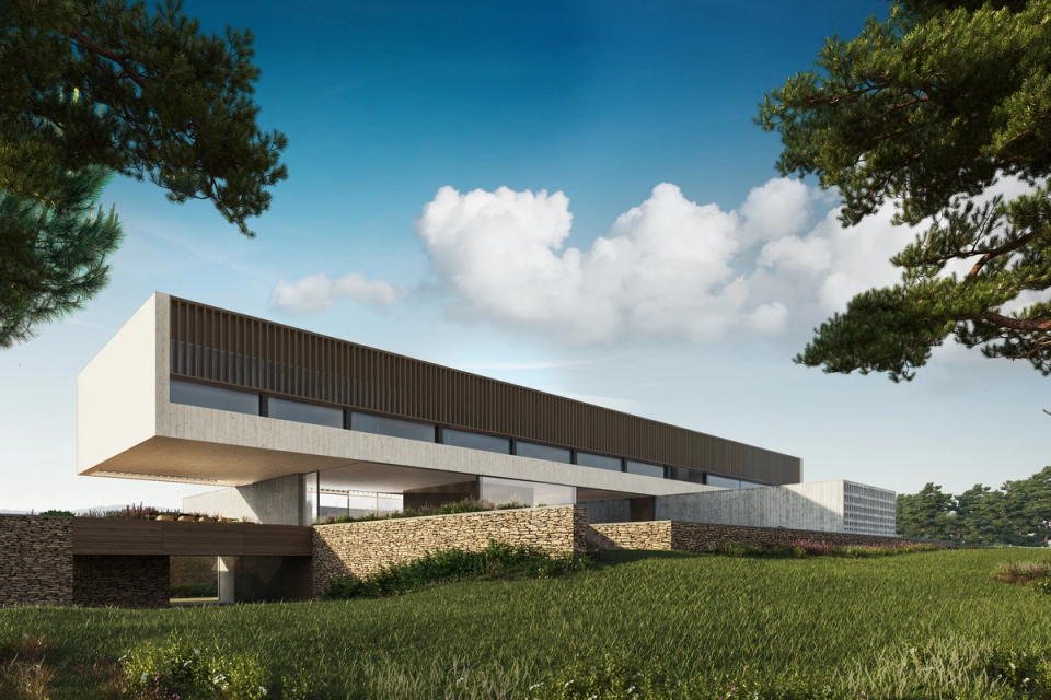 Contemporary housing of high standing architecture with minimalist volumetry, linear façade and landscape integration