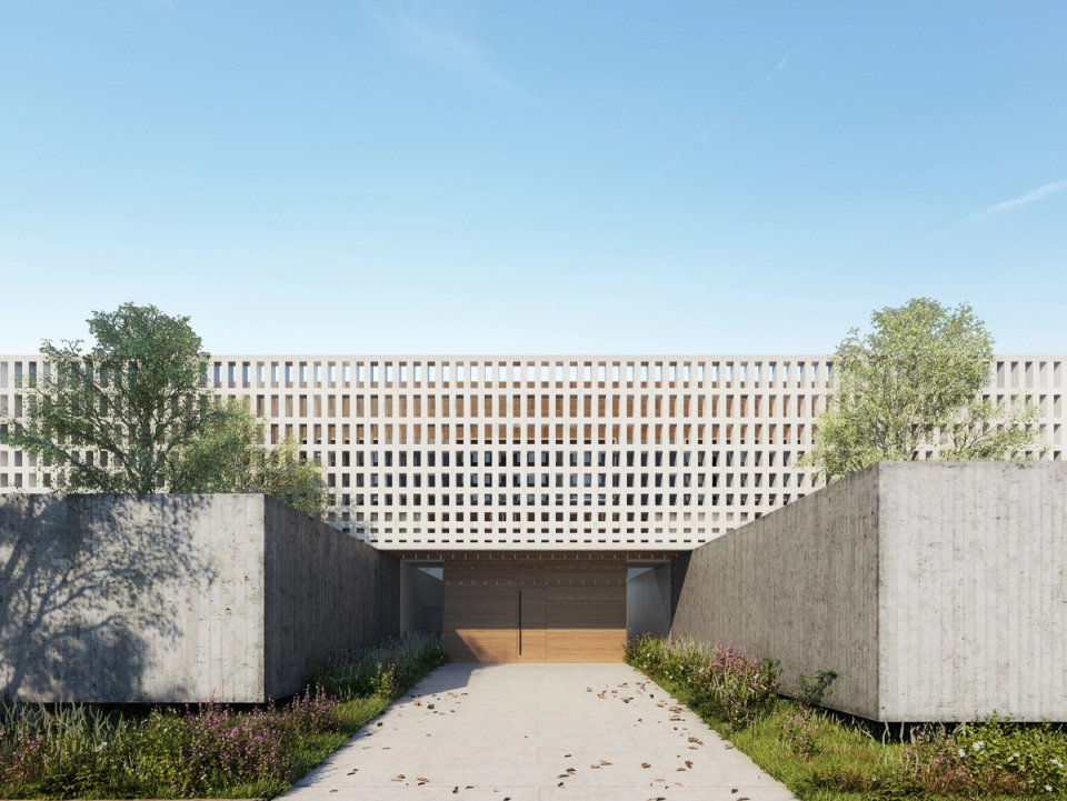 Main entrance to the new construction house. Main entrance of a house of modern architecture with geometric facade, exposed concrete and natural light. Design made by 05 AM architecture.