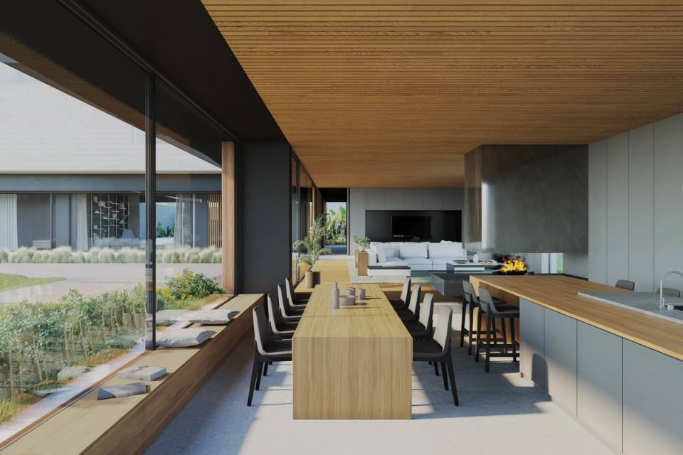 The interior of this detached single-family home stands out for its spaciousness, elegance, and direct connection with the outdoor spaces through large glazed surfaces. The combination of natural wood, neutral tones, and clean architectural lines creates a contemporary and sophisticated atmosphere, while the open layout enhances natural light, comfort, and continuity between the different areas of the home.