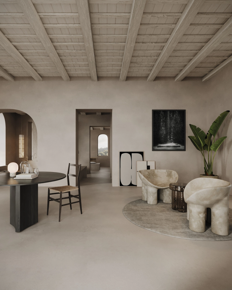 This single-family home embraces warm and minimalist interiors where light, mineral textures, and natural materials define the atmosphere of the space. Arched openings and beamed ceilings bring character and depth to the architecture. The project combines serenity, elegance, and comfort through a contemporary and timeless aesthetic