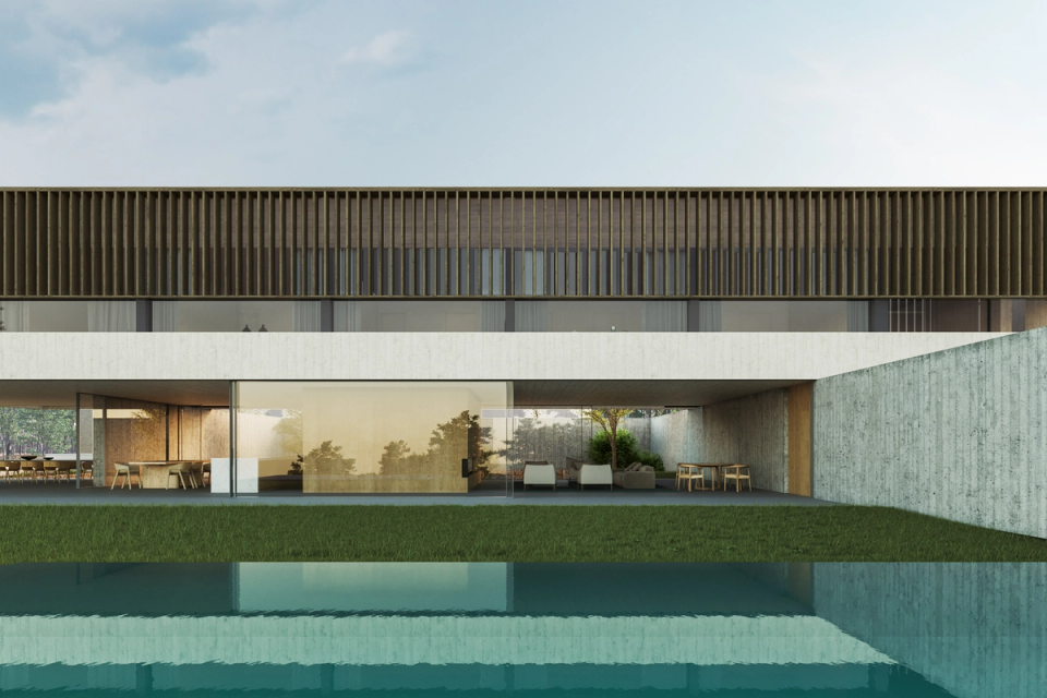 Swimming pool integrated into a high standing house with minimalist architecture, contemporary facade and open spaces