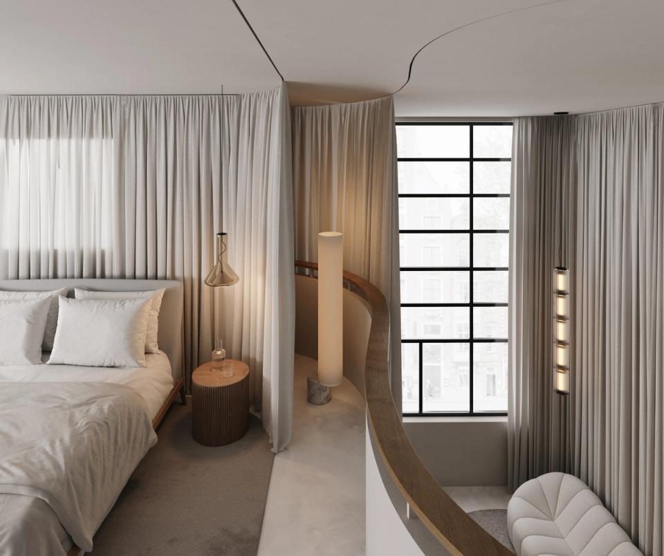 Double room of contemporary design located in an elegant mezzanine of double height, visually connected to the main room by a sophisticated curved staircase. The space conveys amplitude and architectural continuity, with a minimalist and refined aesthetic based on beige shades, white and light gray. The bedroom incorporates high standard furniture, soft textures and warm lighting that provide comfort and exclusivity. The open relationship between the room and the day area creates a modern and sculptural feeling typical of a high-level integral rehabilitation. Ideal for interior architecture projects, luxury renovations and rehabilitation of contemporary homes.