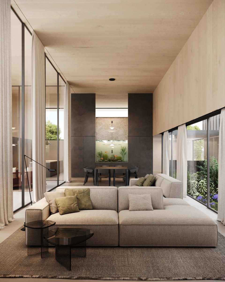 This single-family home creates spacious and bright interiors where double-height spaces, transparency, and natural materials define the atmosphere. The constant relationship with courtyards and exterior vegetation brings depth and serenity to the architecture. The project combines comfort, warmth, and contemporaneity through an open way of living connected to natural light.