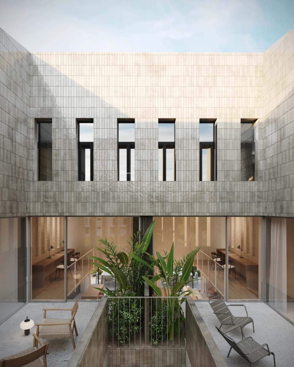 Houses in Bescanó with landscaped outdoor spaces directly connected to the interior areas through large openings. These houses in Bescanó combine contemporary architecture, vegetation, and natural materials to create a warm, bright atmosphere integrated with the surroundings.