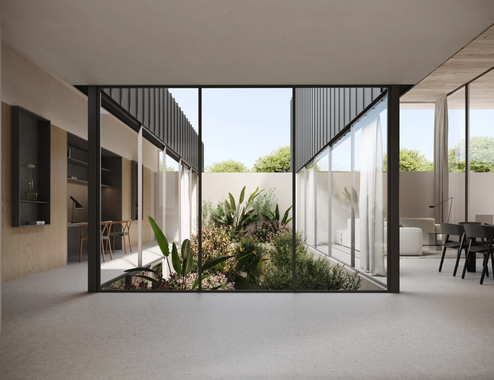 This single-family home is organized around an interior courtyard that visually connects the different spaces of the house and fills the architecture with natural light. The transparency of the façades and the constant relationship with vegetation create a calm and contemporary atmosphere. The project embraces an open, fluid way of living connected to the outdoors.