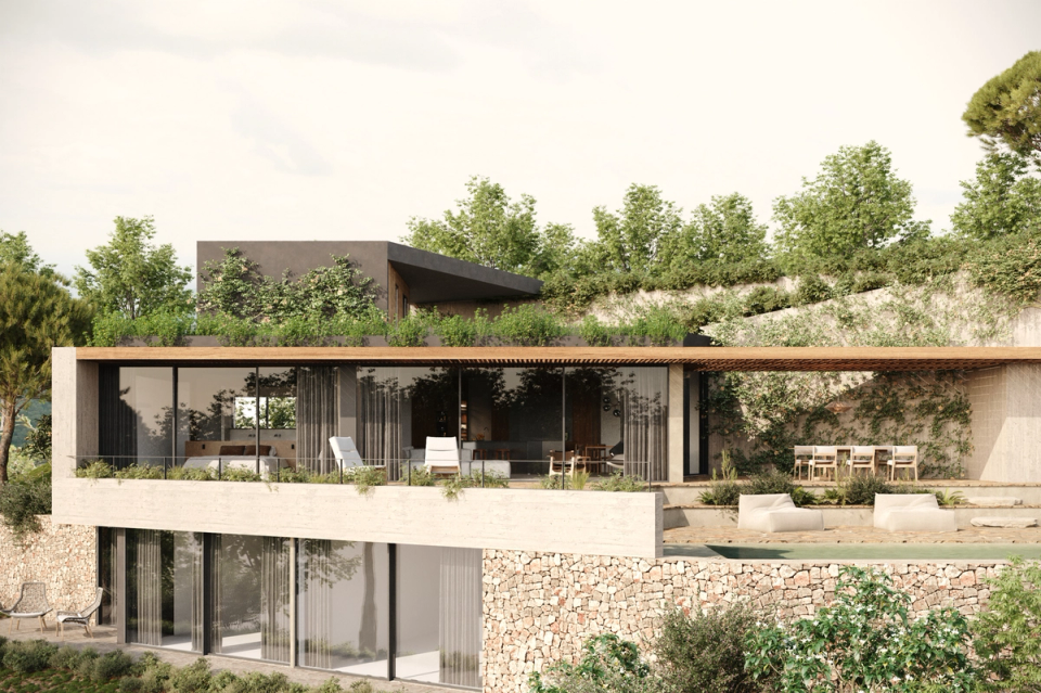 Detached house integrated into the Mediterranean landscape through horizontal architecture, green terraces, and large openings towards the outdoors. The project combines natural materials, vegetation, and open spaces to create a fluid relationship between the home, natural light, and the surrounding environment.