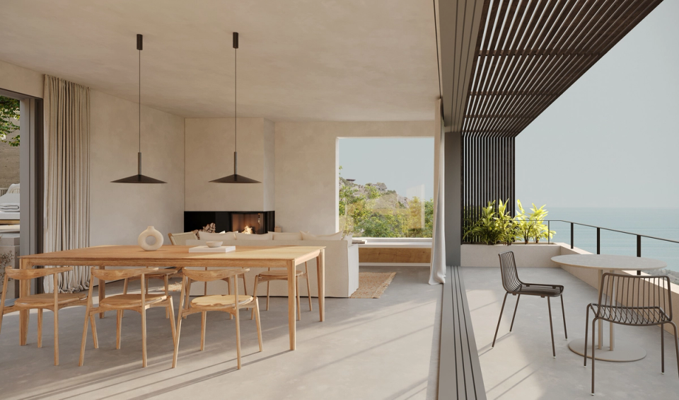 Isolated single-family house with pool in Begur. New construction house designed by 05 AM architecture. Living room of single-family house with natural light and minimalist design. Open spaces that give amplitude.