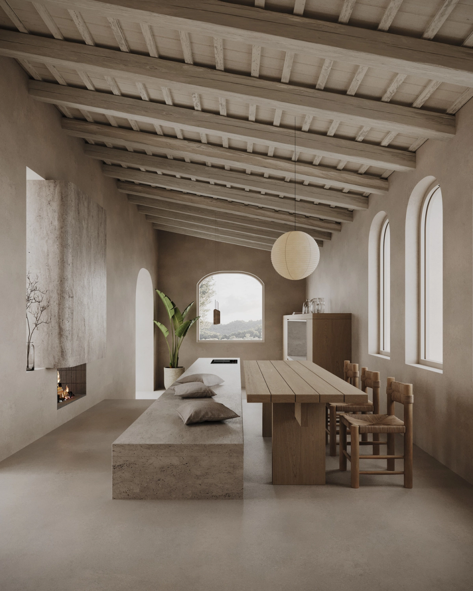 A single-family home that restores the essence of Mediterranean architecture through serene spaces, noble materials, and a constant relationship with natural light. Sloped ceilings, arched openings, and mineral textures create a warm and timeless atmosphere, while the spatial layout encourages a calm, flexible, and landscape-connected way of living.