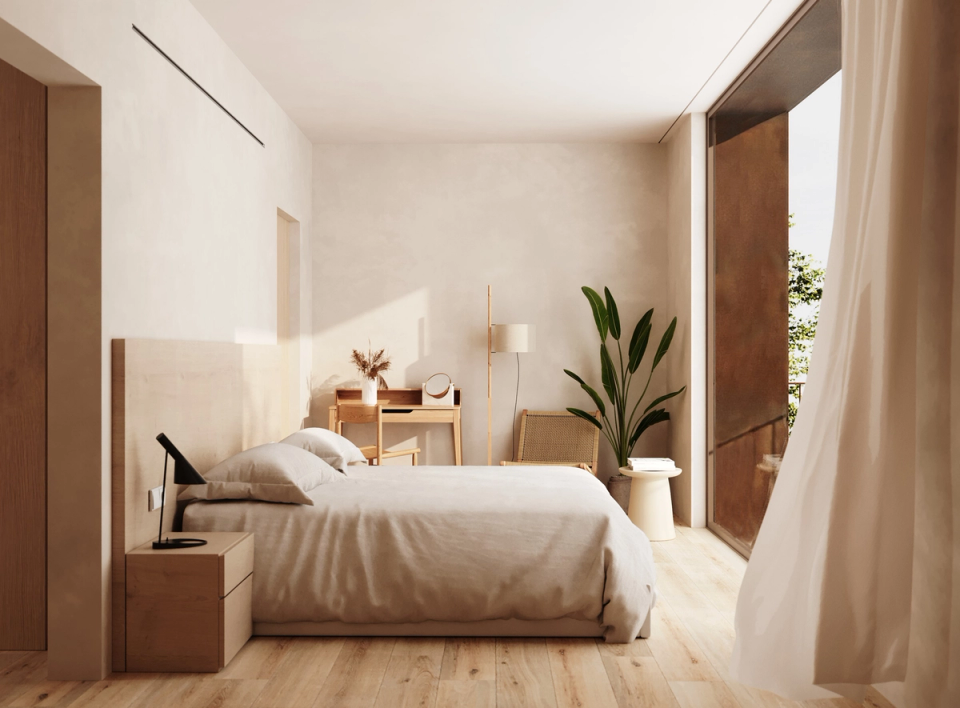 The renovation and extension of this home creates intimate and bright spaces that convey calm and comfort. The main bedroom combines natural materials, neutral tones, and large openings to the outdoors to enhance the feeling of spaciousness and well-being, establishing a direct relationship between architecture, light, and landscape.