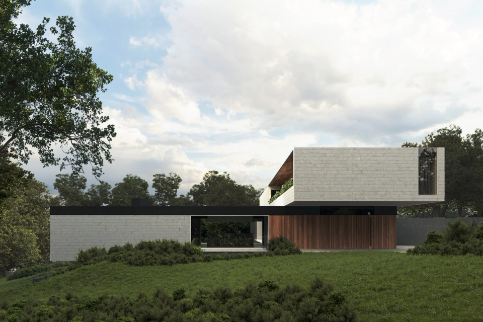 This detached single-family home combines horizontal volumes and noble materials to create a contemporary architecture integrated with the natural landscape. Pure lines, large façade planes, and the combination of stone, wood, and dark surfaces provide an elegant and timeless image, while the placement on the terrain enhances privacy, views, and the fluid relationship between architecture and surroundings.