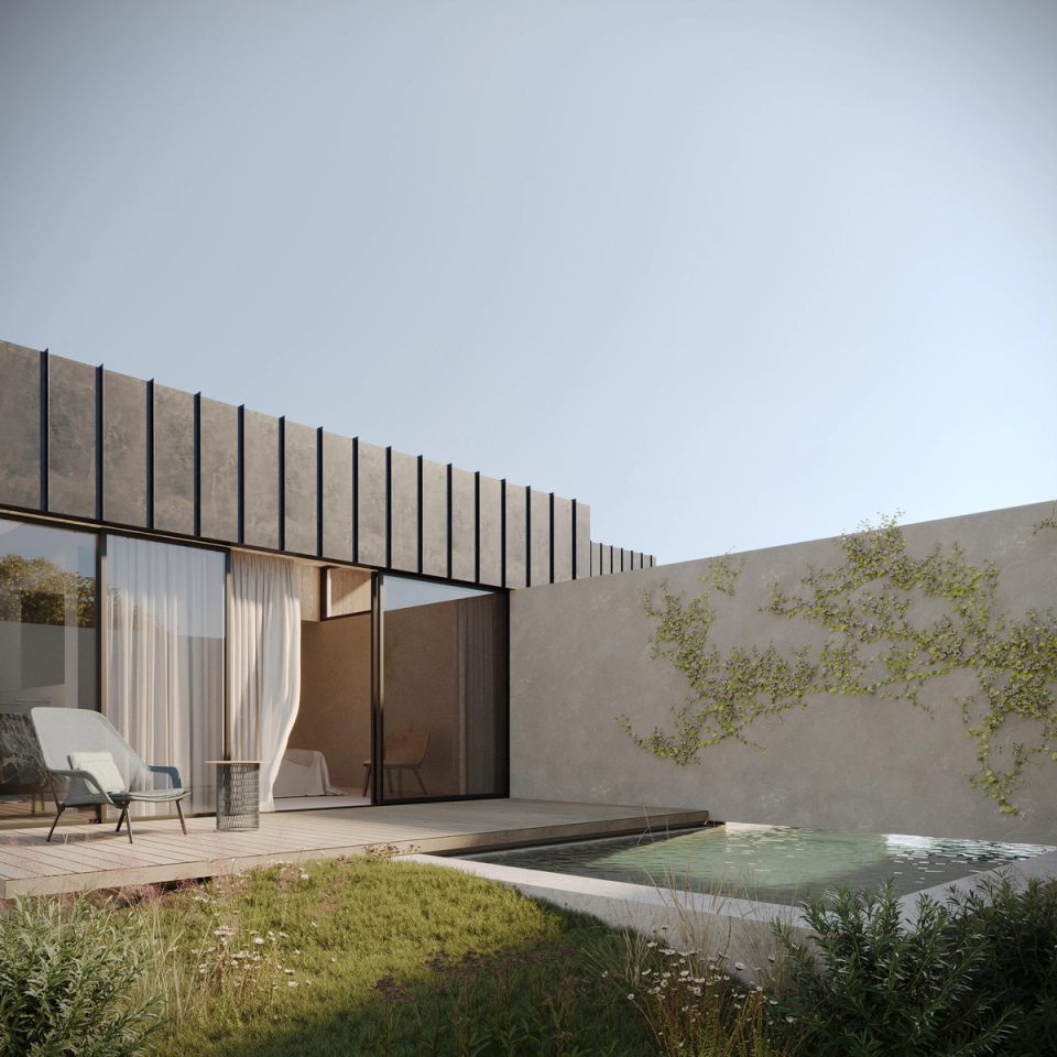 This single-family home creates intimate and protected outdoor spaces where architecture, light, and vegetation coexist naturally. Large openings connect the interior rooms with the terrace and swimming pool, enhancing an open and serene way of living. The contemporary materiality of the project reinforces the feeling of calm, privacy, and comfort.