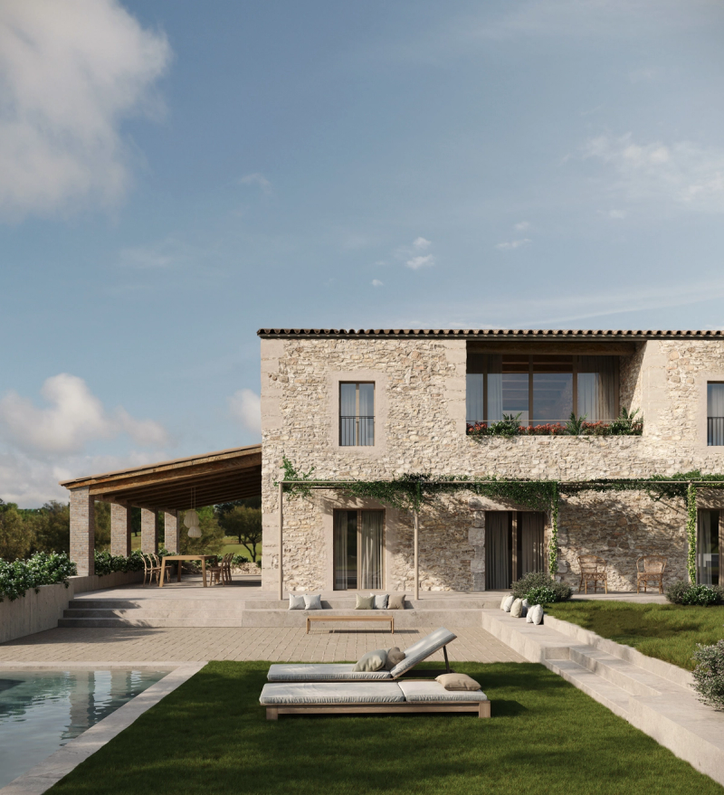 Outdoor area of ​​the farmhouse, with garden area and swimming pool.