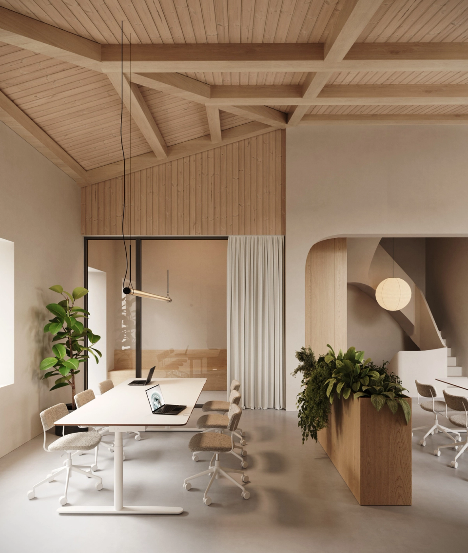 The rehabilitation of the old rectory transforms the interior spaces into bright, functional environments connected to a new way of living and working. Wood, natural light, and soft forms bring warmth and serenity to the project. This intervention combines heritage and contemporary architecture while preserving the original essence of the building.