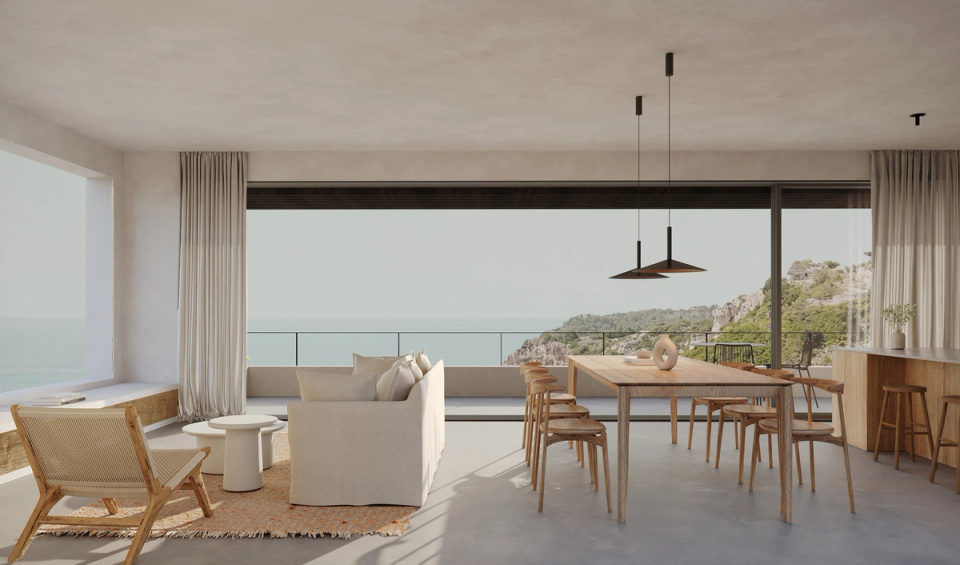  New construction house on the Costa Brava. Interior of modern housing with natural materials and open spaces.