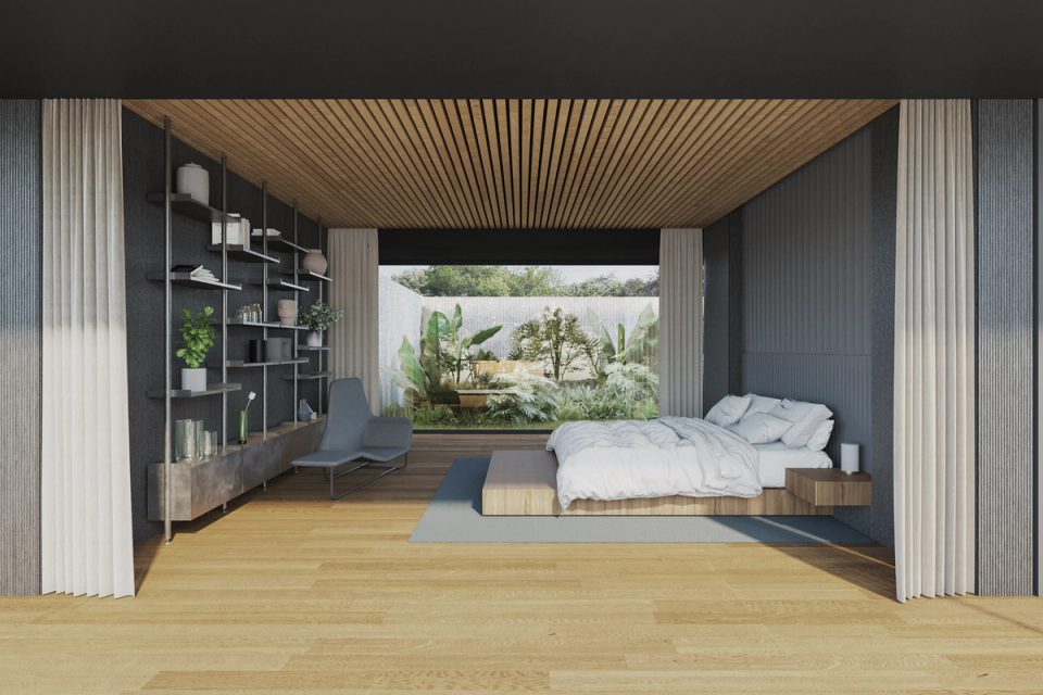 The interior of this detached single-family home stands out for its elegant and minimalist aesthetic, where natural wood, dark tones, and natural light create a warm and sophisticated atmosphere. The bedroom visually opens onto a private landscaped courtyard, reinforcing the connection with nature and bringing serenity, spaciousness, and comfort to a space designed for well-being and tranquility.