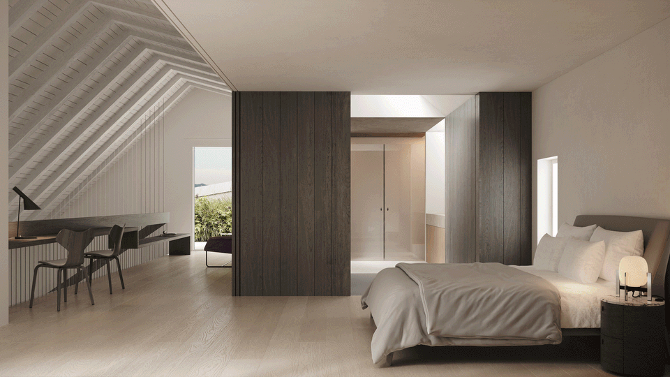 Interior renovation with an open and functional layout that connects the bedroom and common spaces through dark wood volumes integrated into the architecture. This interior renovation combines natural light, warm materials, and minimalist lines to create a contemporary and elegant atmosphere.