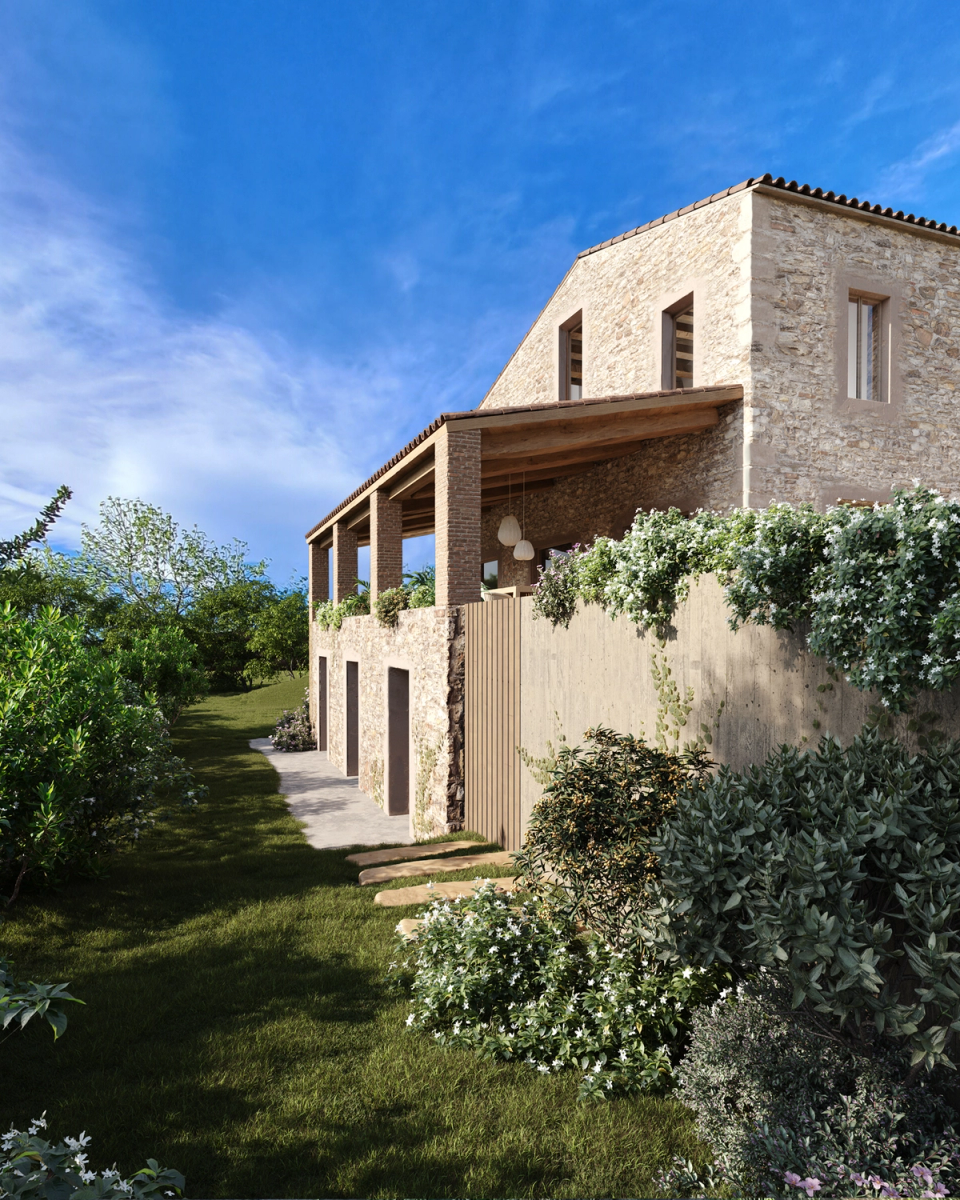 The rehabilitation and extension of this farmhouse highlights traditional materials and the direct relationship with the Mediterranean landscape. The combination of stone, wood, and vegetation creates welcoming outdoor spaces integrated with the surroundings, while the new architectural interventions respect the original essence of the home and update its comfort and functionality.