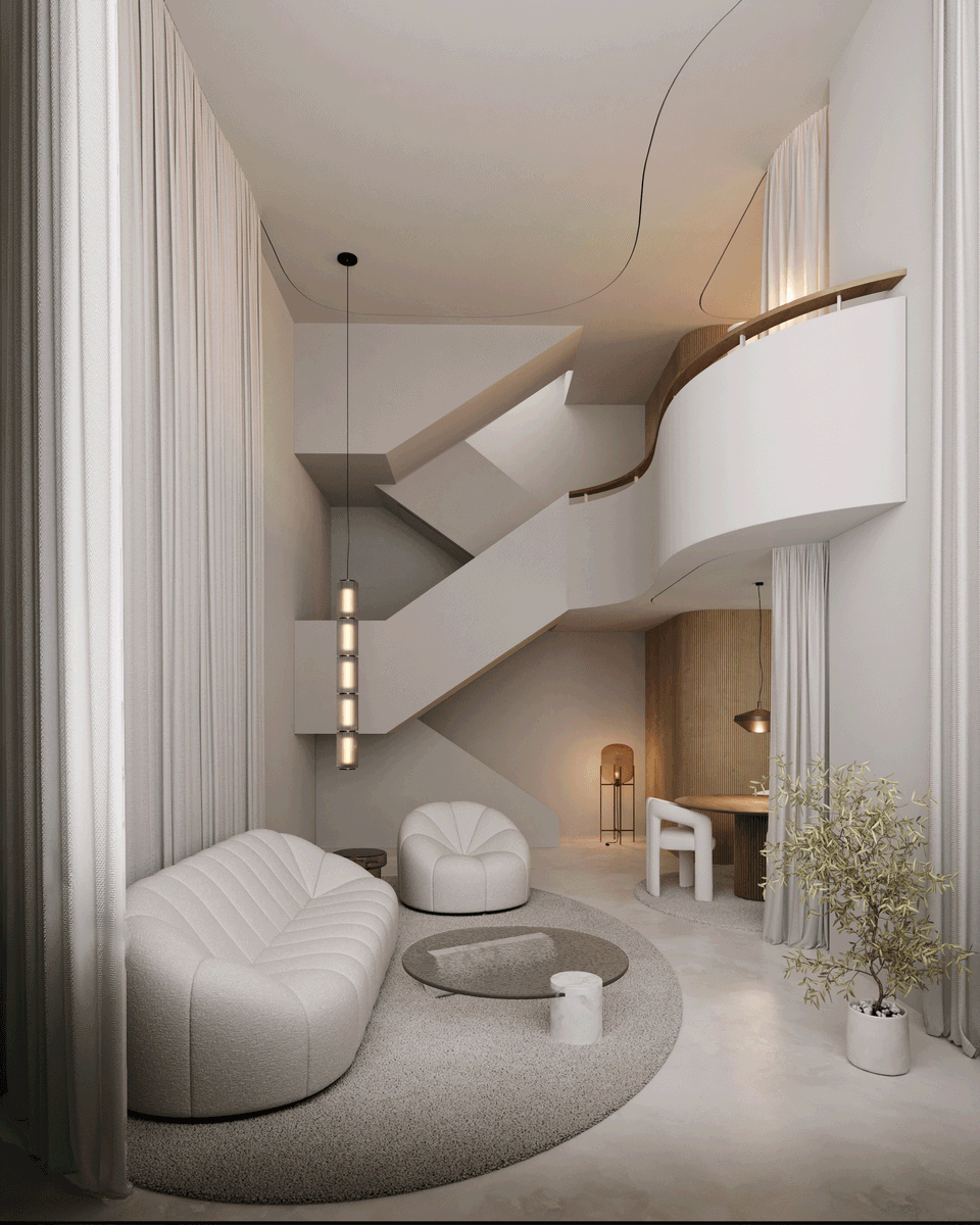 Contemporary living room resulting from an integral reform, with an elegant curved staircase that connects the double height and provides a sculptural character to the space. The beige, gray and broken white tones, combined with designer sofas, organic line furniture and natural fabrics, create a warm and sophisticated atmosphere. The curtains soften the original rationalist architecture and provide comfort, privacy and delicate luminosity to this modern-inspired interior.