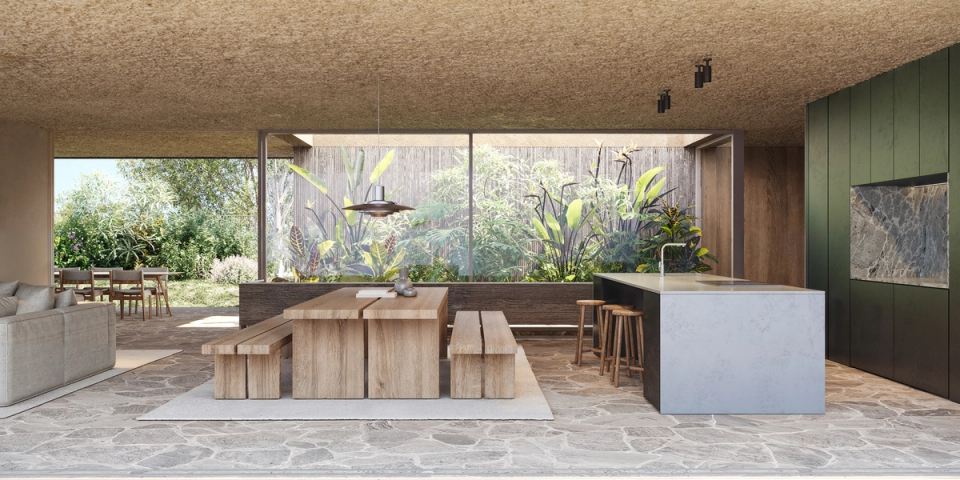 House in Platja d’Aro with a large living area open to the landscape and connected to the exterior through large glazed surfaces. This house in Platja d’Aro combines natural stone, wood and spacious areas to create a warm, elegant contemporary architecture linked to nature.