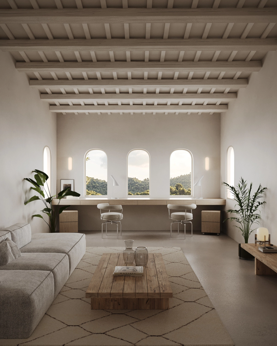 This single-family home creates spacious and serene interior spaces where natural light and views of the landscape become the protagonists of the architecture. Vertical openings, high ceilings, and neutral materials bring calm, spaciousness, and comfort to the interiors. The project combines contemporary architecture with a warm and timeless atmosphere designed for a slower way of living
