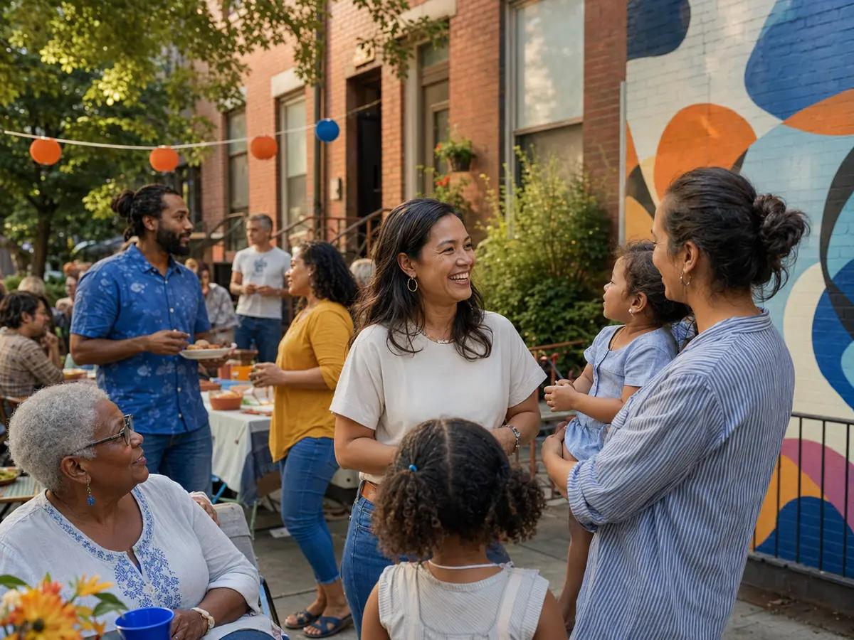 Neighbors of different ages talking at an outdoor community gathering on a Boston residential street.
