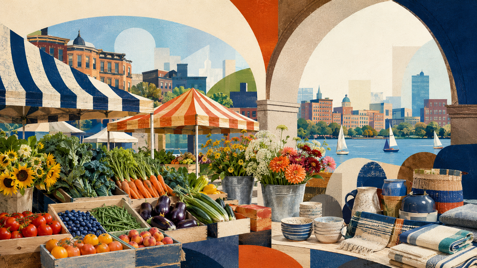 Stylized Boston market collage with striped tents, crates of colorful produce, flowers, ceramics, woven textiles, brownstone shapes, market arches, and a waterfront background.