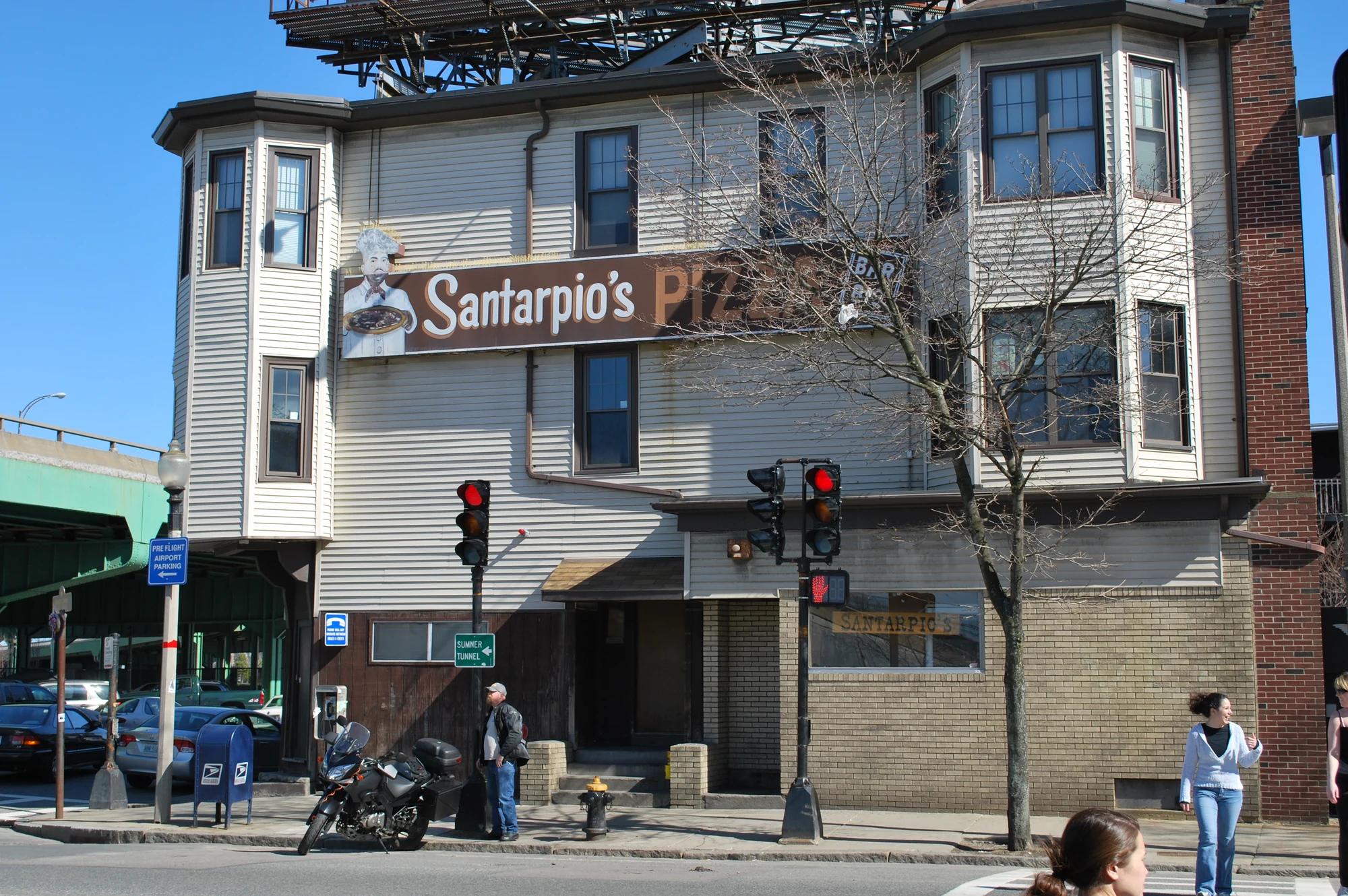 Santarpio's Pizza storefront and large sign on Chelsea Street in East Boston, photographed in 2009.