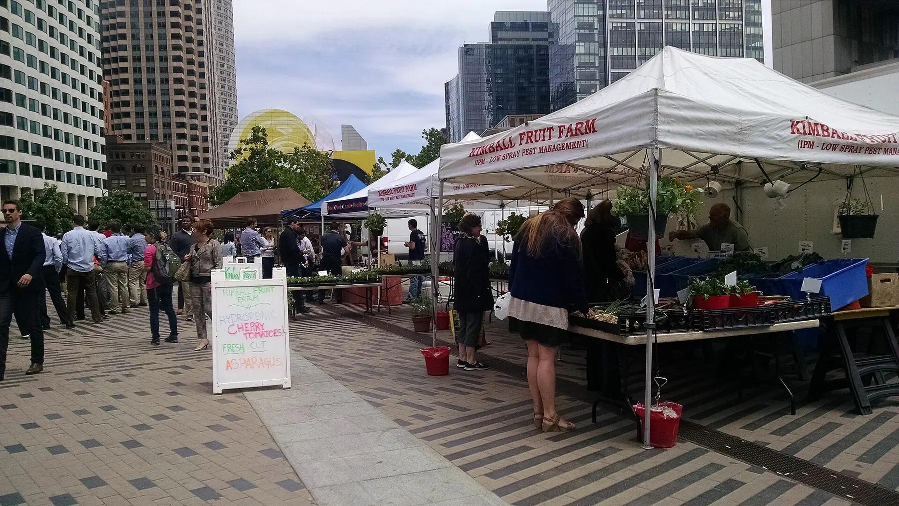 Shoppers browsing farm stands at the Dewey Square Farmers Market in Boston
