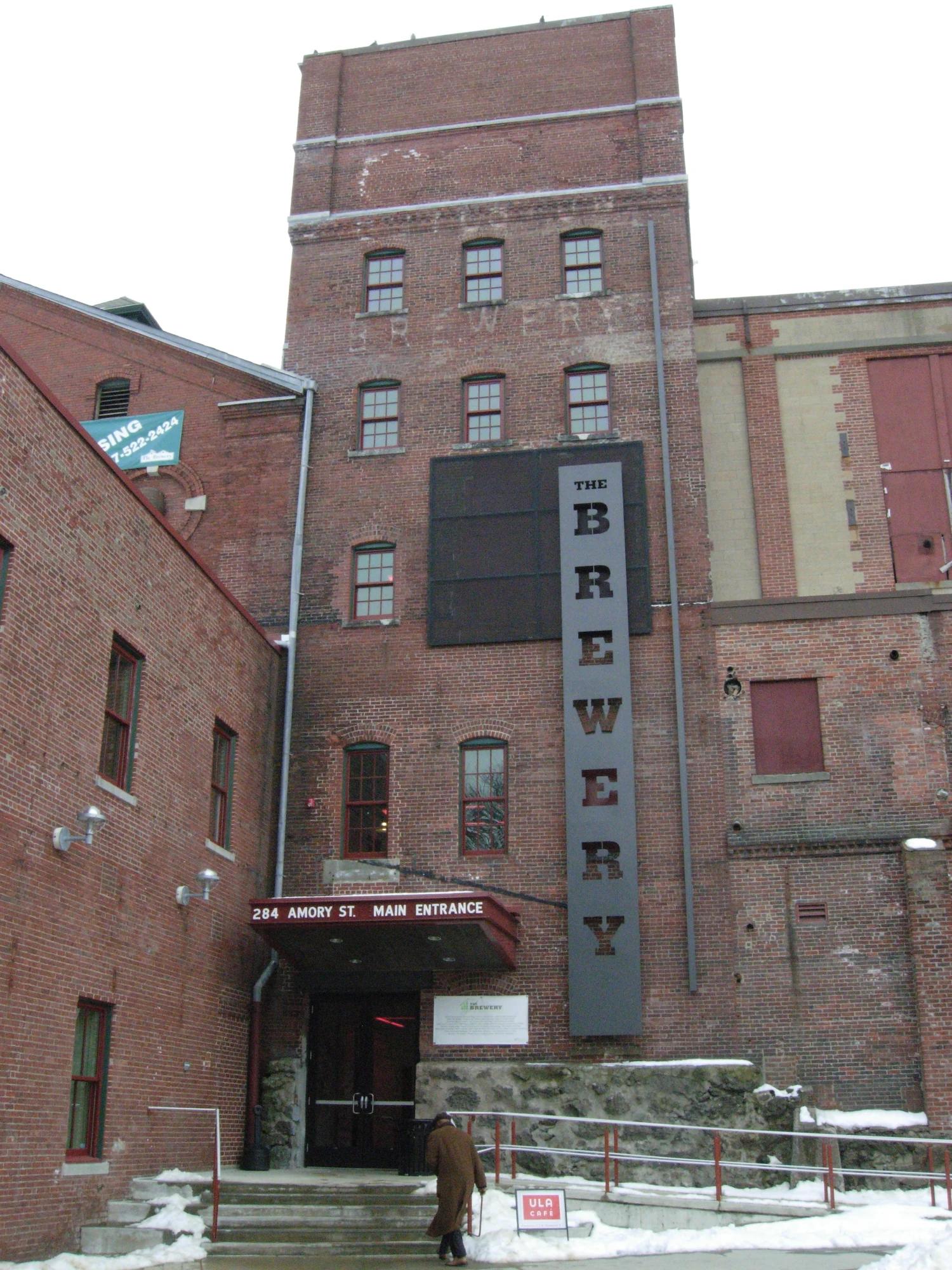 The red-brick Brewery complex in Jamaica Plain with 284 Amory Street marked above an entrance, photographed in 2008.