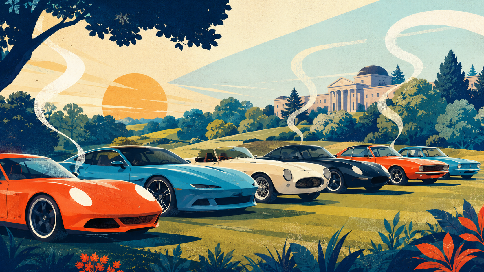 Stylized early-morning illustration of several unbranded classic and performance cars arranged on a green museum lawn, with warm sunrise light and abstract coffee-steam curves.