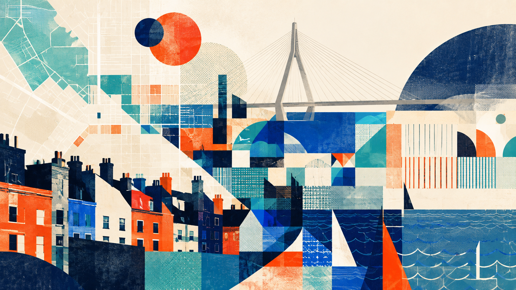 Abstract Boston collage with colorful rowhouses, street-grid shapes, harbor waves, sail-like triangles, and a cable-stayed bridge in navy, orange, teal, and blue.