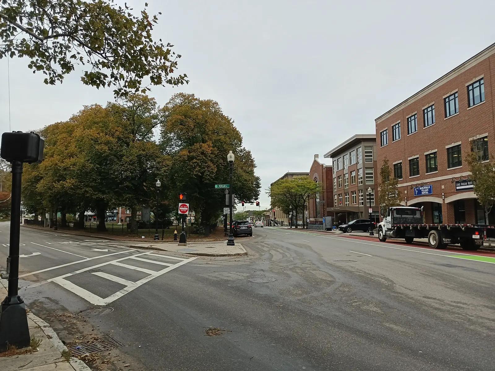 Roslindale Village at Poplar, Washington and Corinth Streets on an overcast autumn day