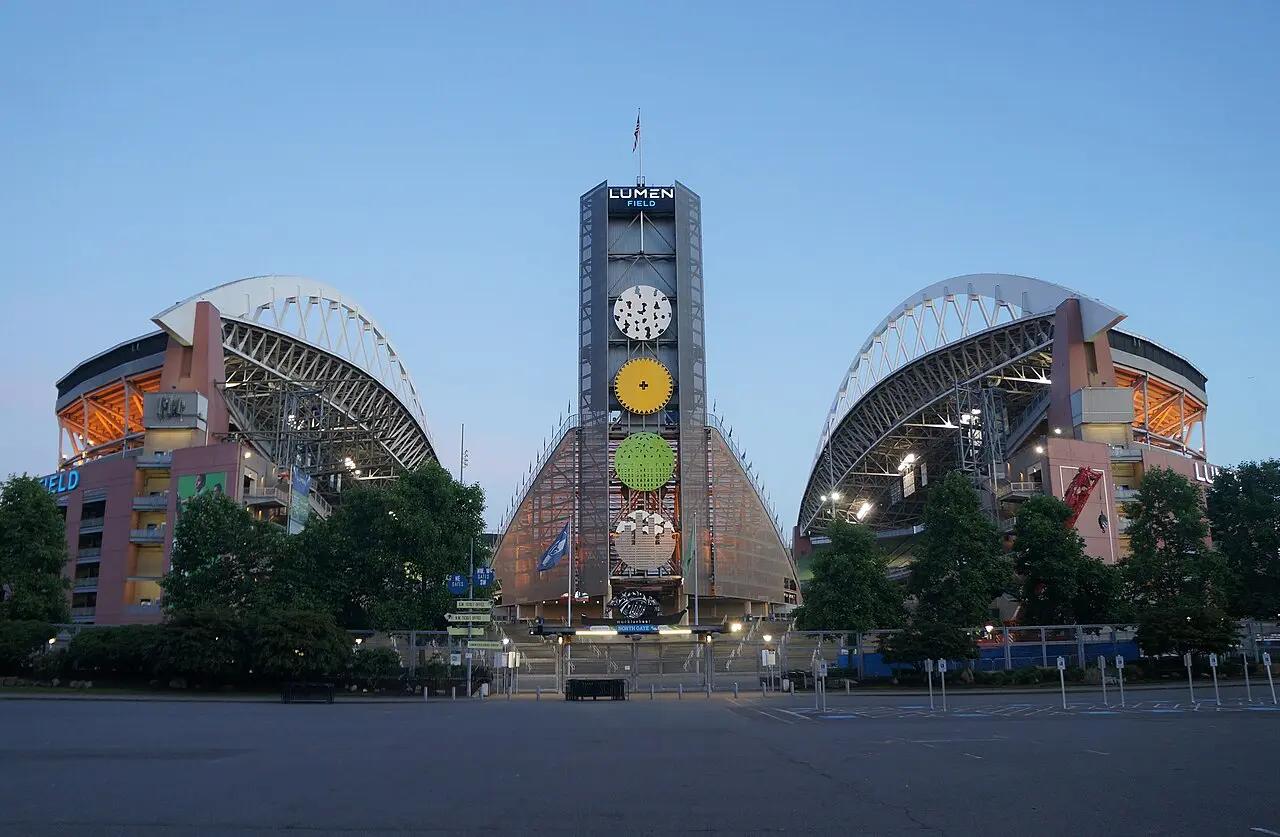 The north side of Lumen Field in Seattle illuminated at dusk